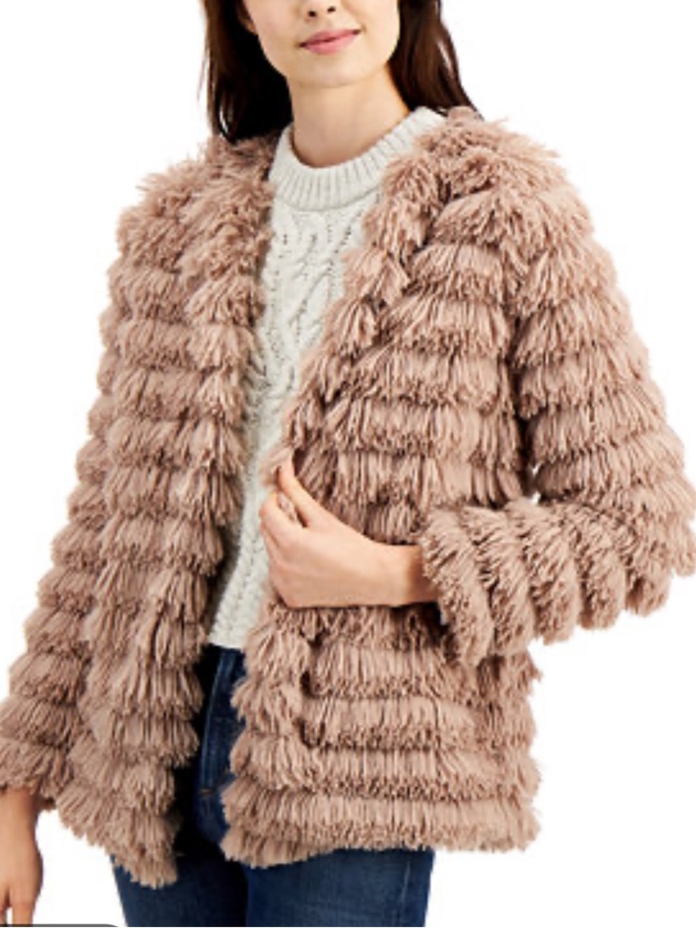 Sage The Label Fringe Faux-Fur Prism Fringe Open-Front Taupe Jacket NWT Size Med